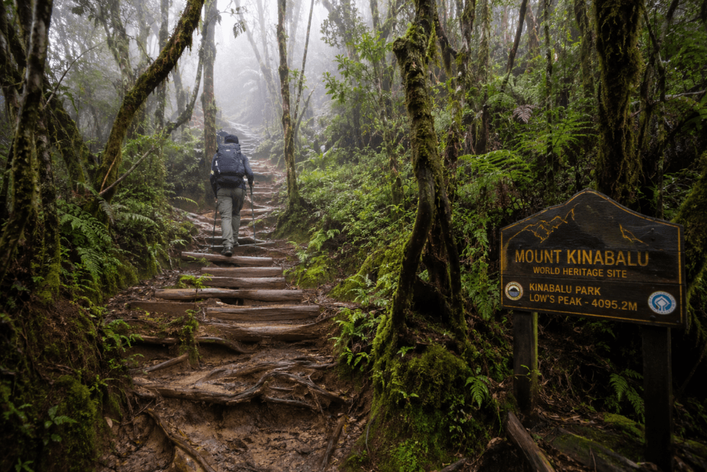 a man climbing on mount kinabalu